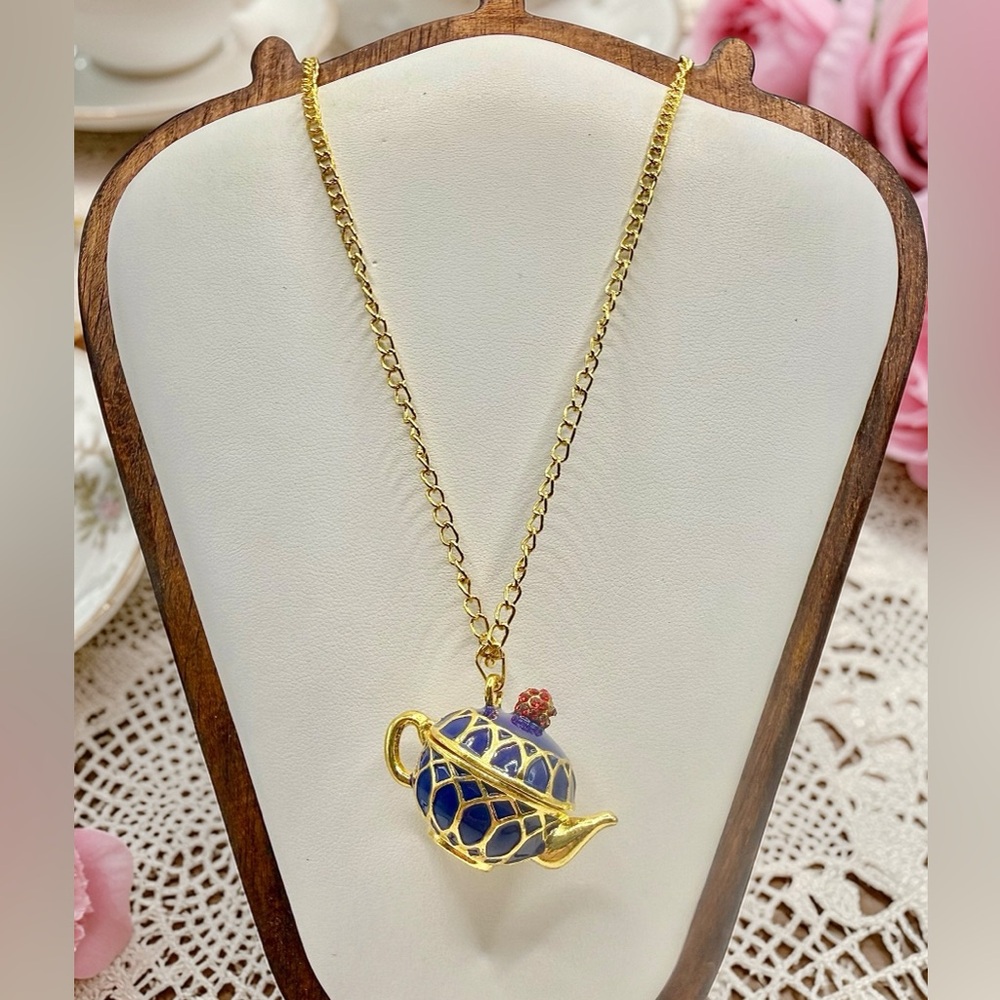 Gold Teapot Necklace Blue Enamel Pendant Locket Tea Lover Gift Whimsical Jewelry